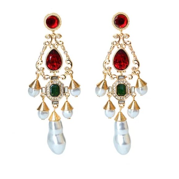Victorian Earrings Baroque Renaissance Emerald Garnet Pearl Austrian Rococo Big - Picture 3 of 4